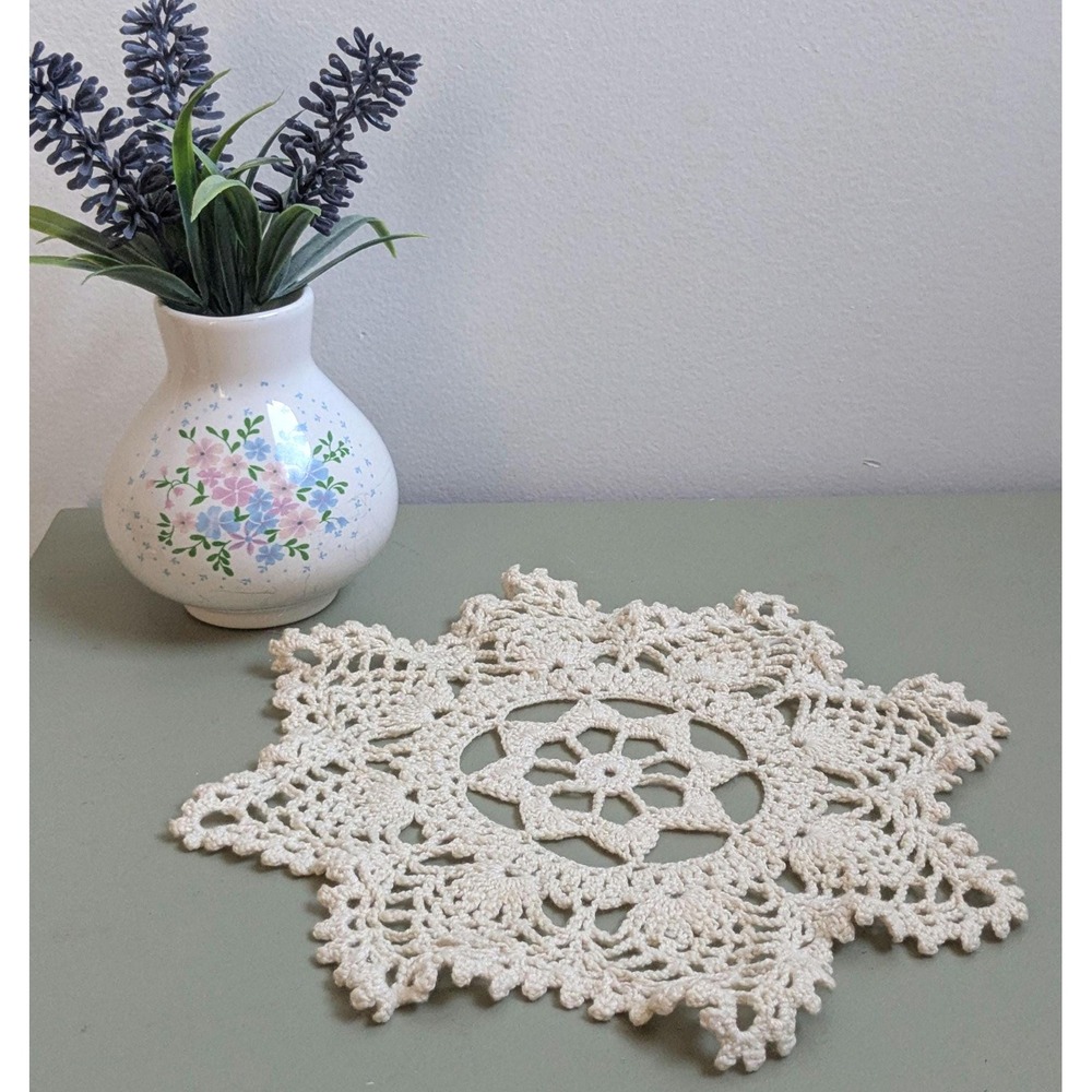Vintage Hand Crocheted Lace Doily 8 Inch Floral Cottagecore Table Decor
